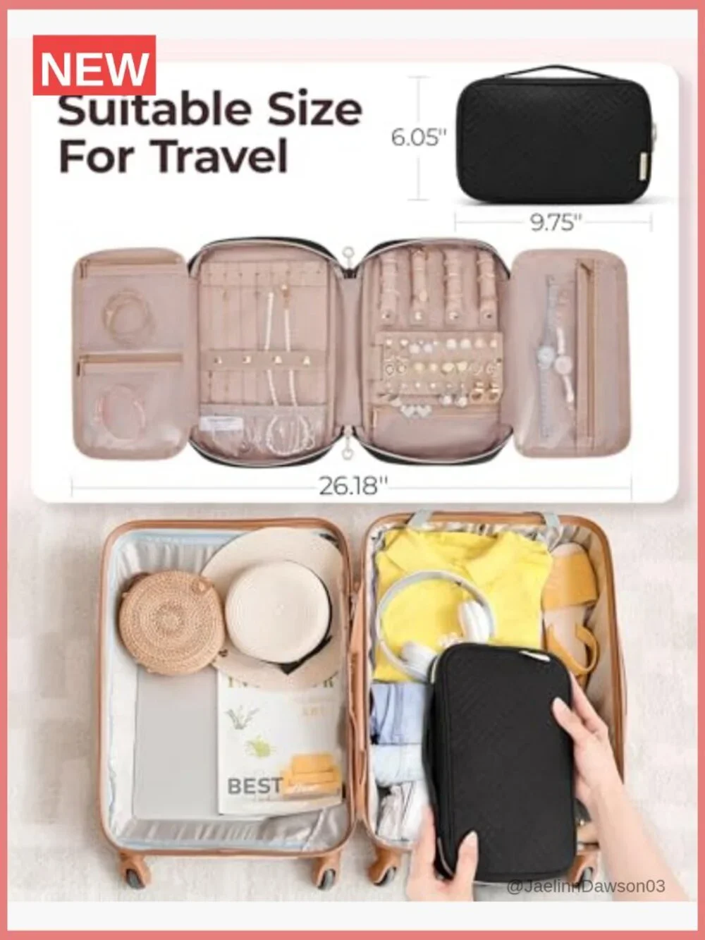 Travel Jewelry Organizer Pouch - 4 Necklace Clips, Earring Roll